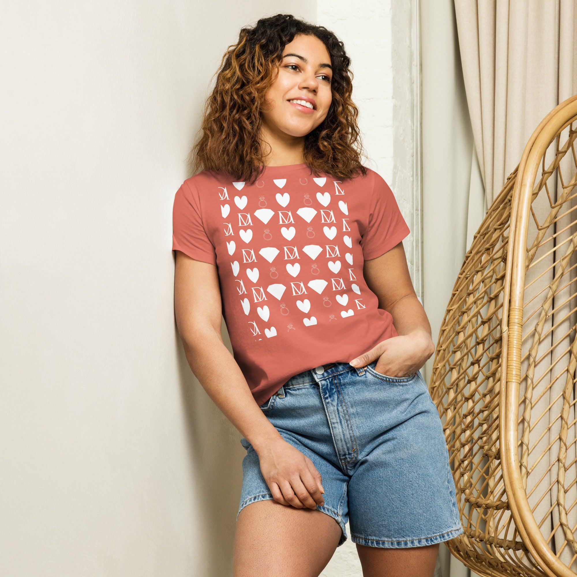 Women’s high-waisted red sorbet tee featuring frosted diamond accents by Daemon Luxury, front view.