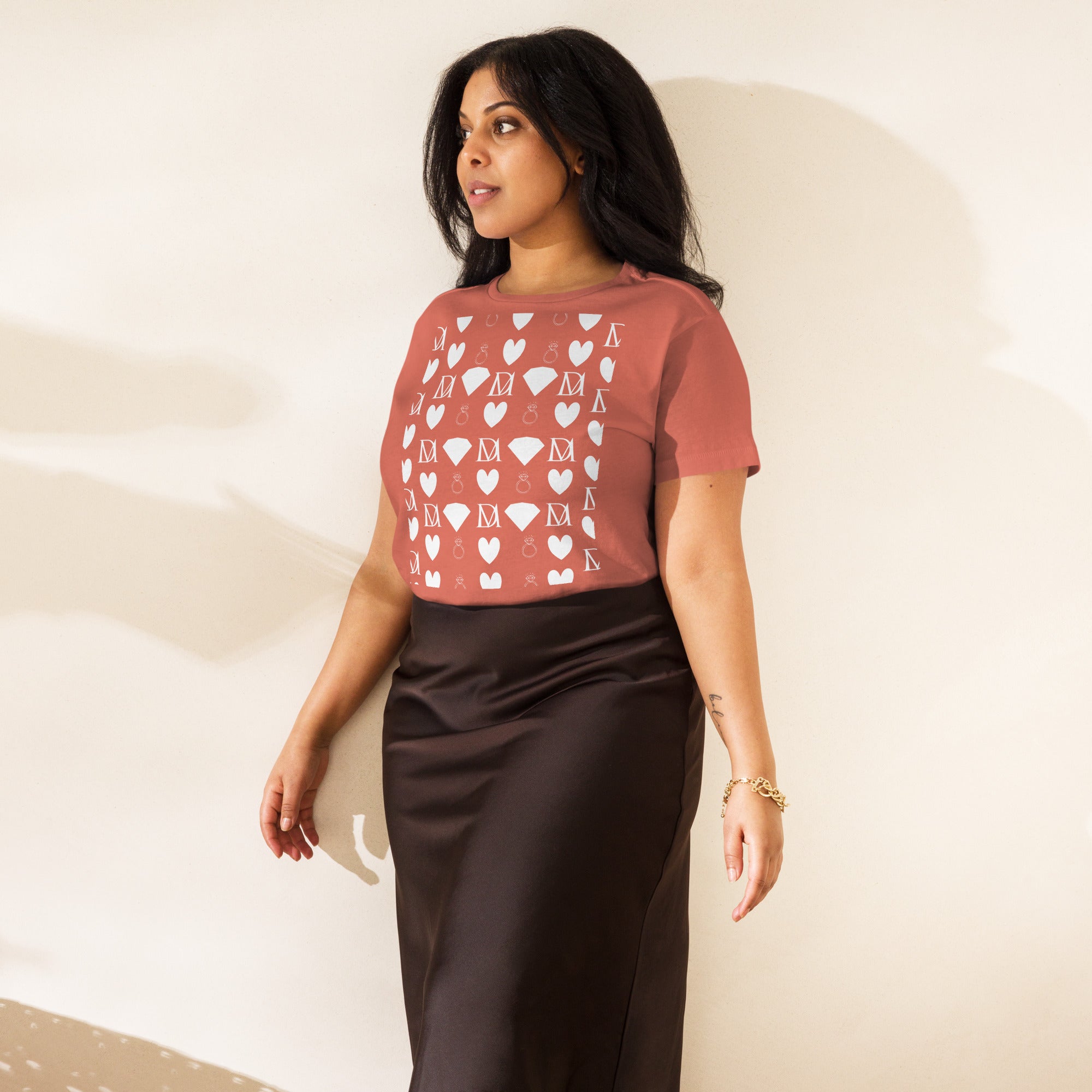 Women’s high-waisted tee in red sorbet from Daemon Luxury’s Frosted Diamonds Premio il Woman collection, shown from the front.