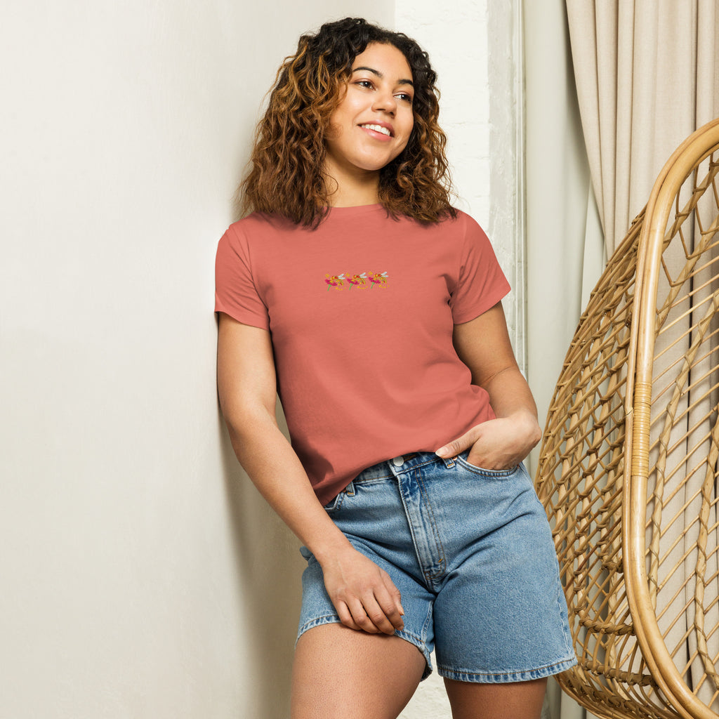Red high-waisted T-shirt for women from Daemon Luxury's Honeybee Shores Premio il collection, shown from the front.