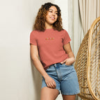 Red high-waisted T-shirt for women from Daemon Luxury's Honeybee Shores Premio il collection, shown from the front.
