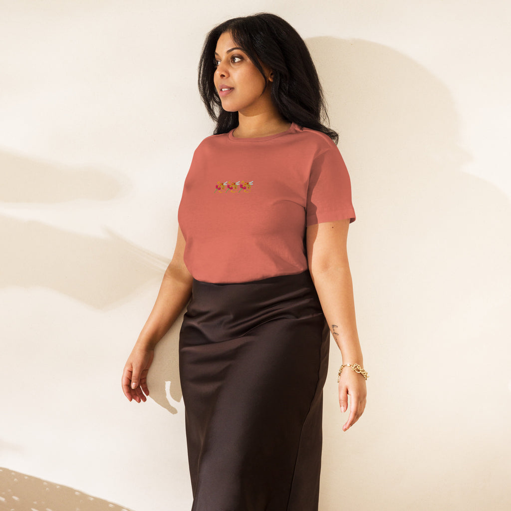 Red sorbet high-waisted women's tee from Honeybee Shores by Daemon Luxury, front view showing fit and fabric details.