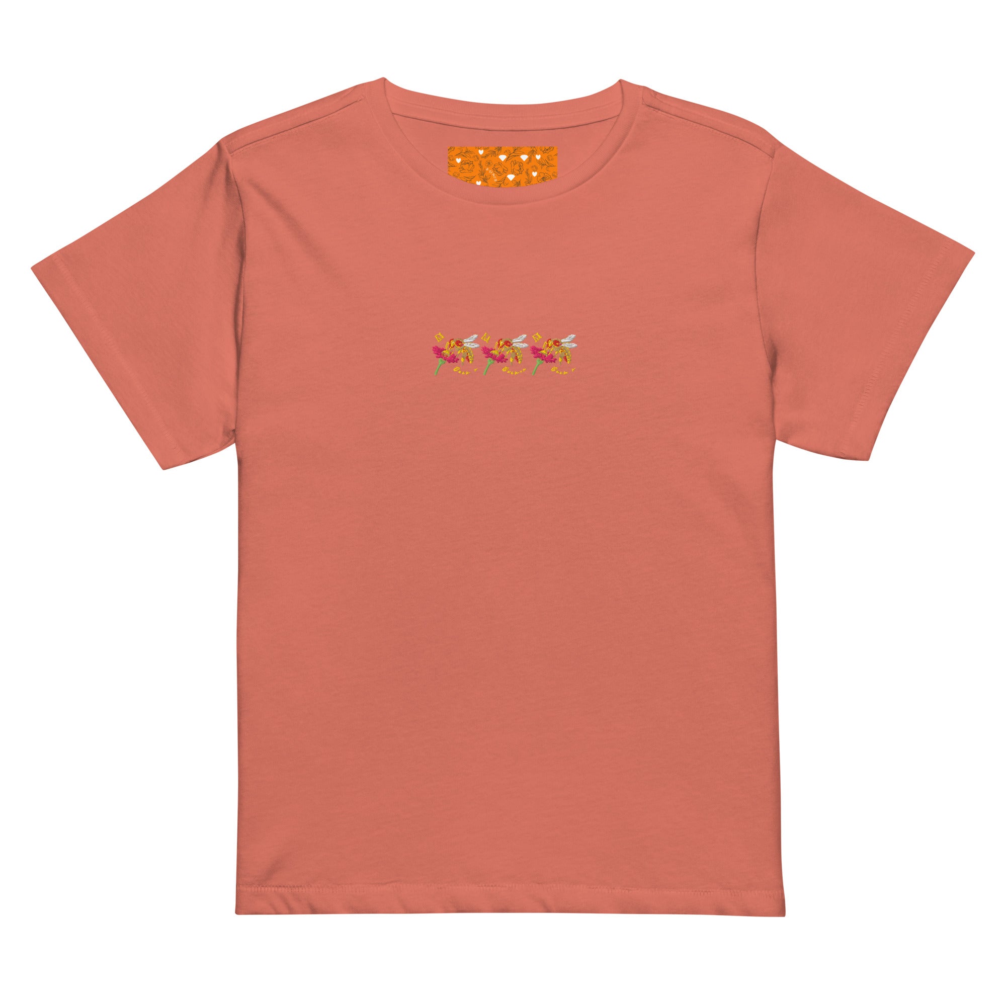 Red sorbet high-waisted women's tee from Honeybee Shores Premio il Woman collection by Daemon Luxury, front view.