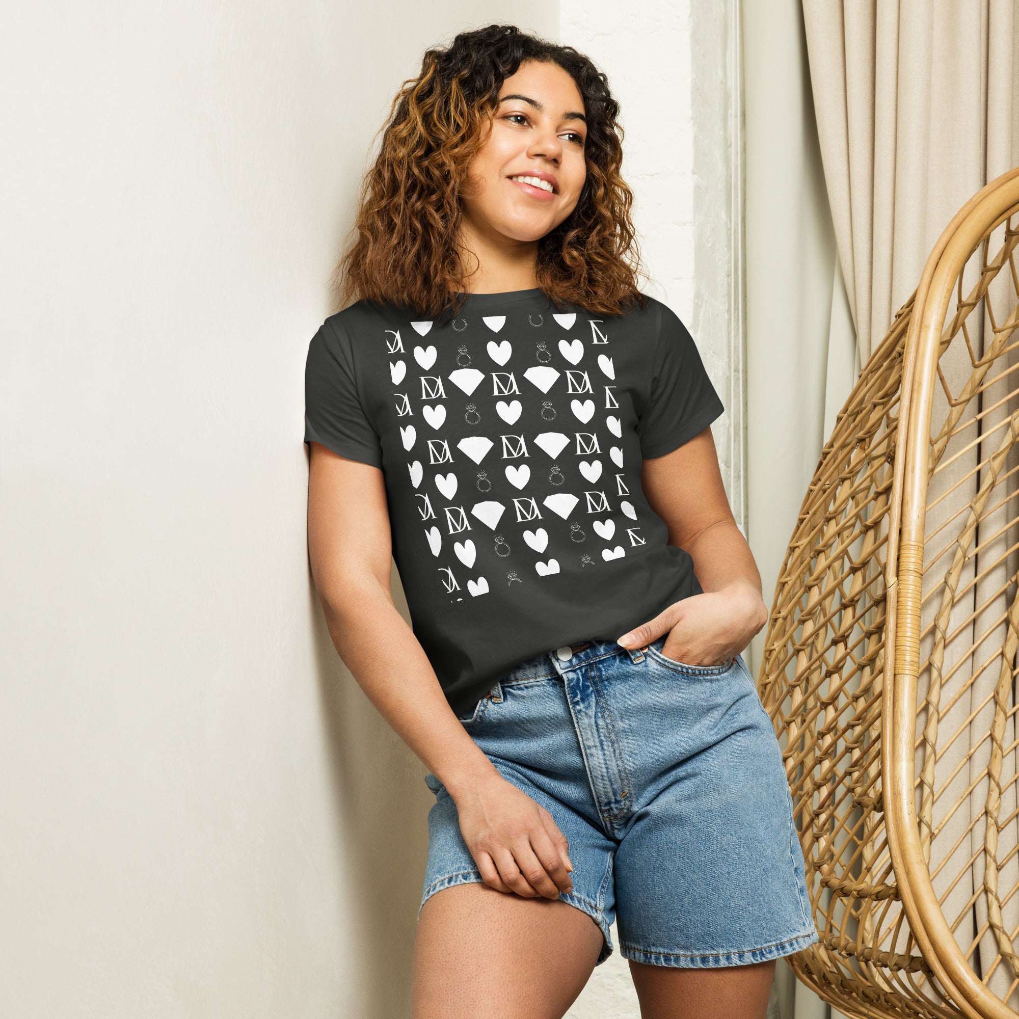 Women's high-waisted vintage black tee with frosted diamond accents by Daemon Luxury, front view showing stylish design.