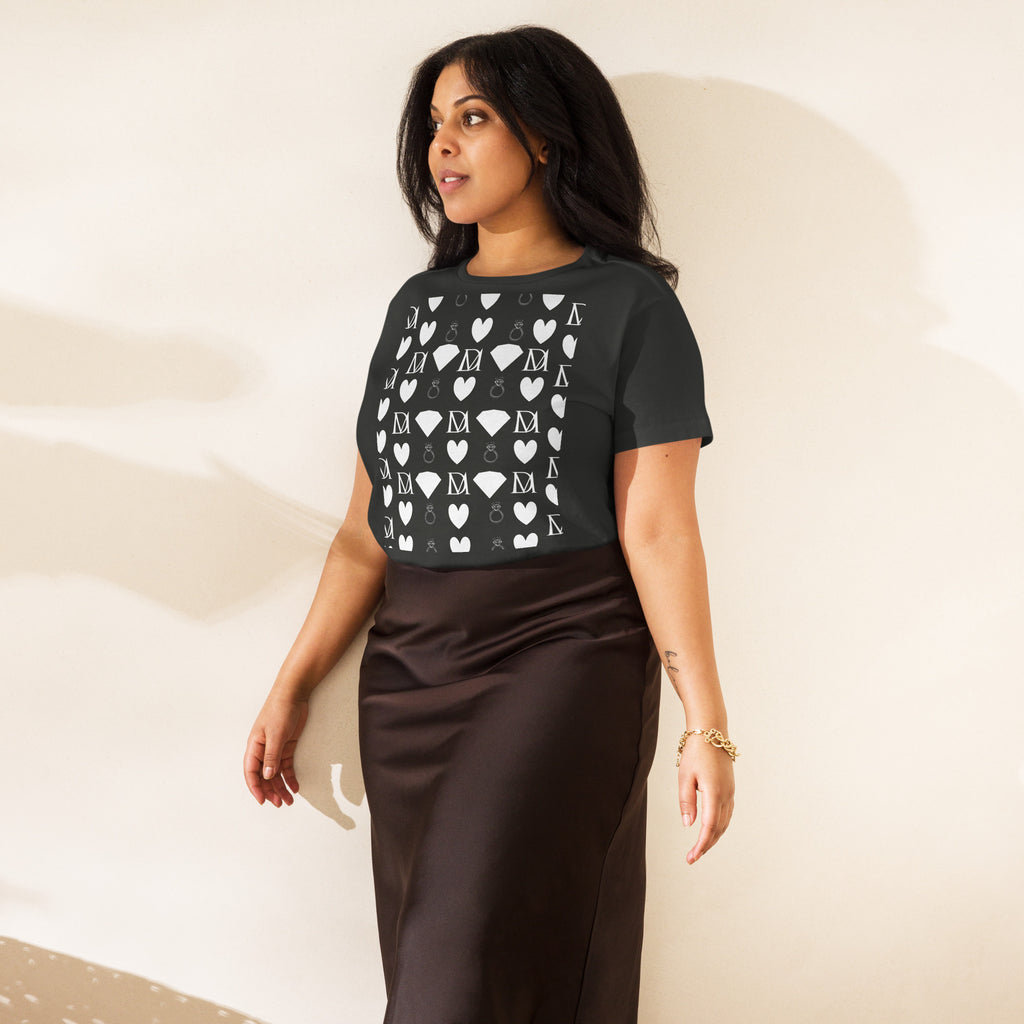 Women's high-waisted vintage black tee with frosted diamond design by Daemon Luxury, front view showing stylish, comfortable fit.