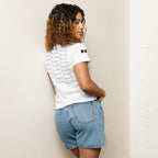 White high-waisted women's tee from Daemon Luxury's Signature Relay (Elemental) collection, shown from the back.