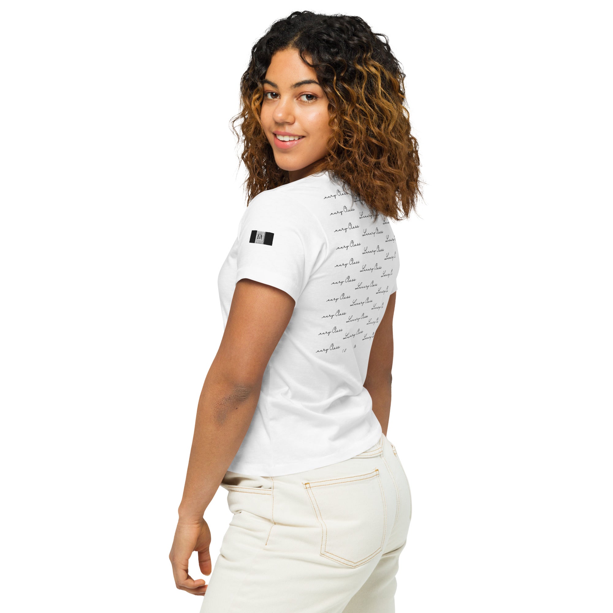 White women's high-waisted tee from Daemon Luxury's Signature Relay (Elemental) collection, shown from the back.