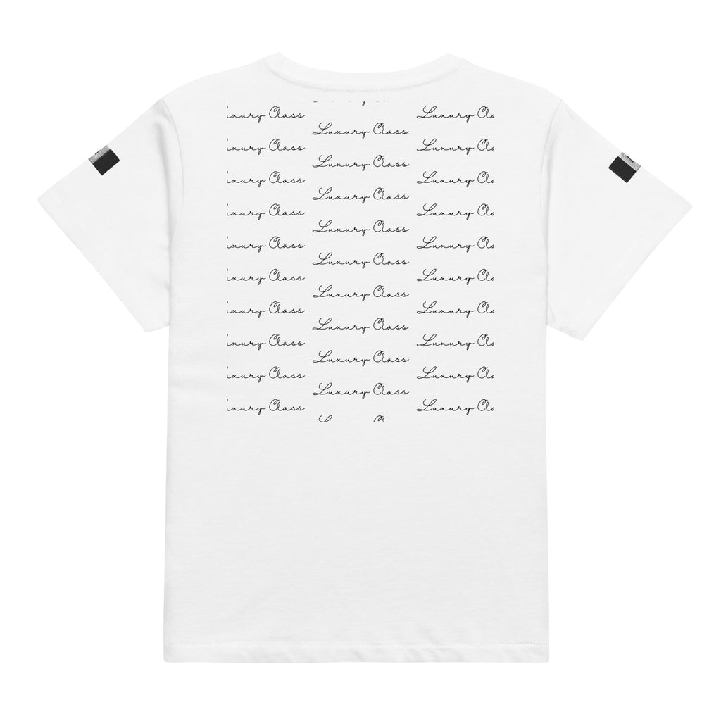 Women's high-waisted white tee from Daemon Luxury's Signature Relay (Elemental) collection, shown from the back.