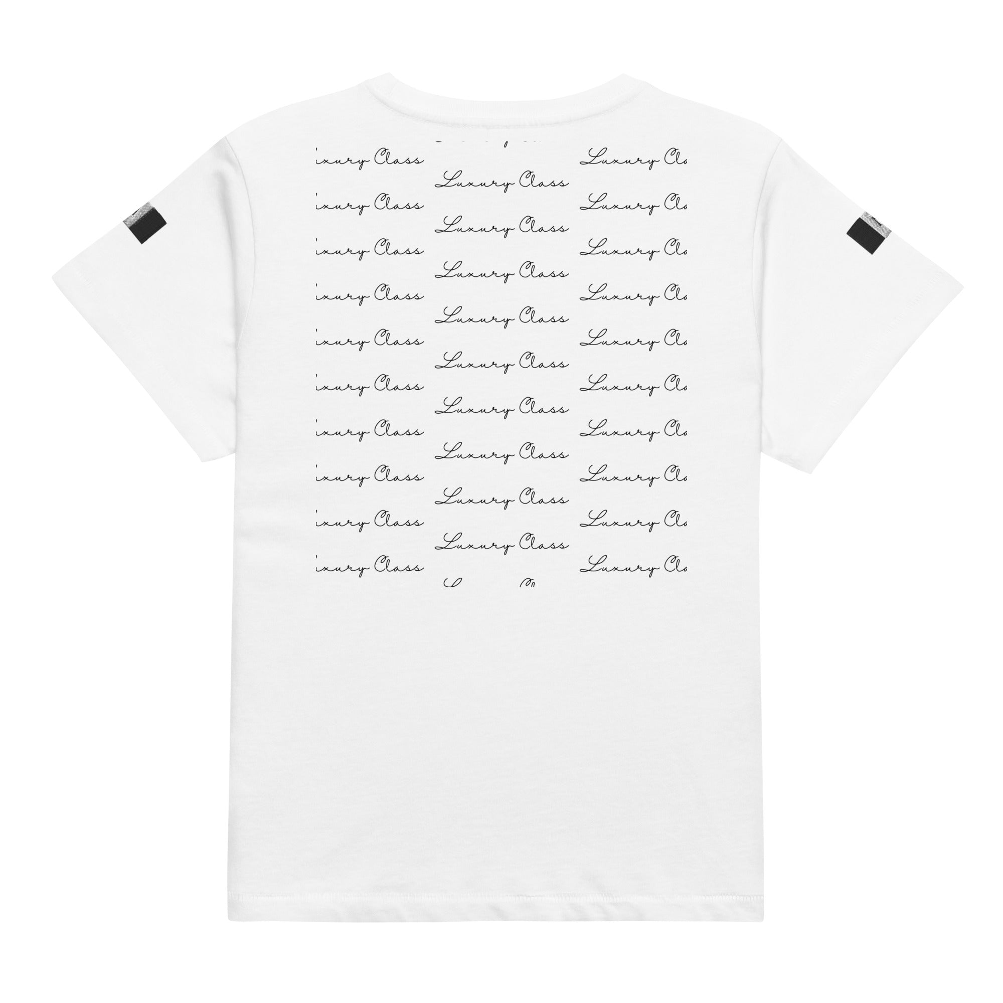 Women's high-waisted white tee from Daemon Luxury's Signature Relay (Elemental) collection, shown from the back.