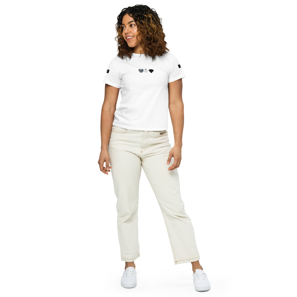 White women's high-waisted tee from Daemon Luxury's Signature Relay (Elemental) collection, front view.
