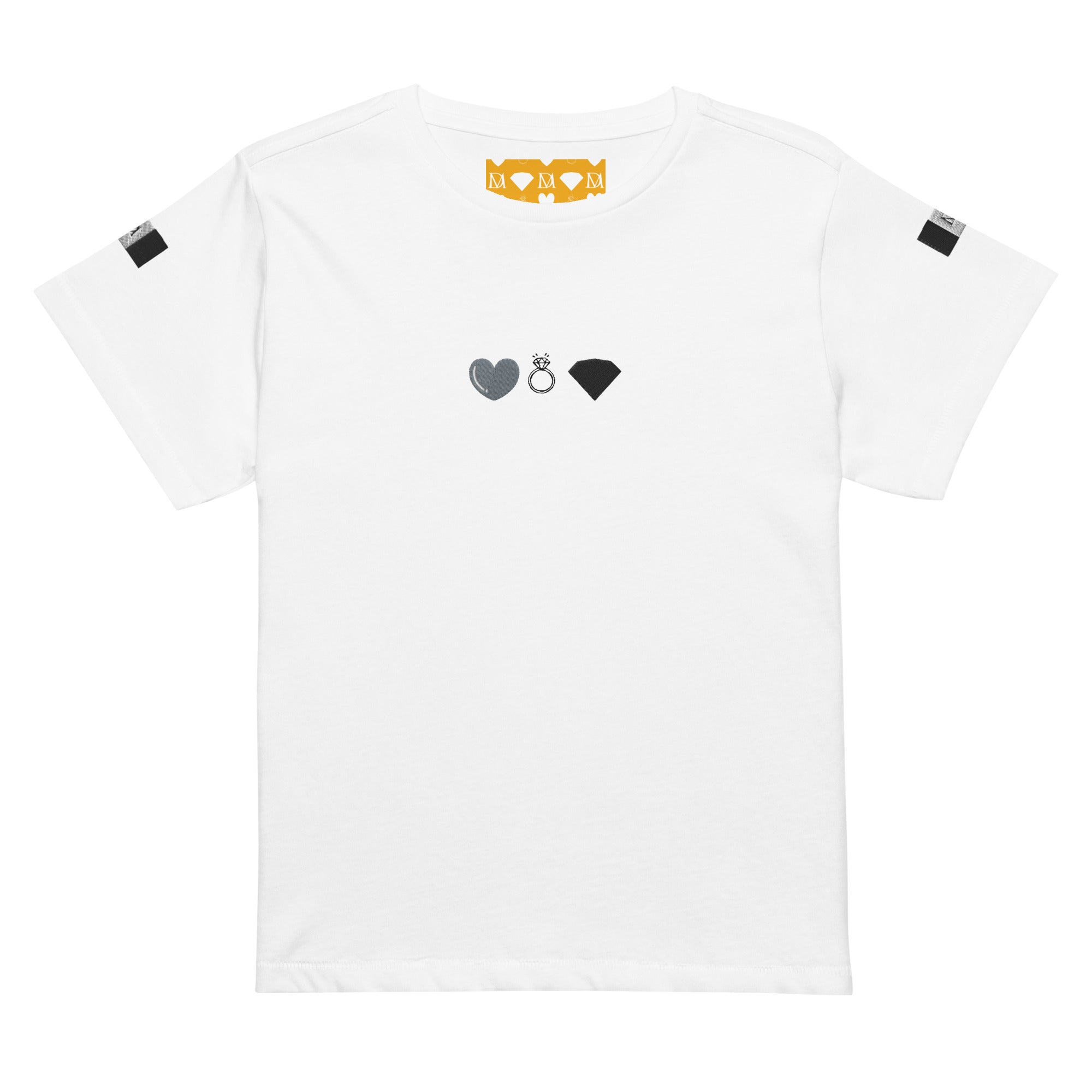 White women's high-waisted tee from Daemon Luxury's Signature Relay (Elemental) collection, front view.