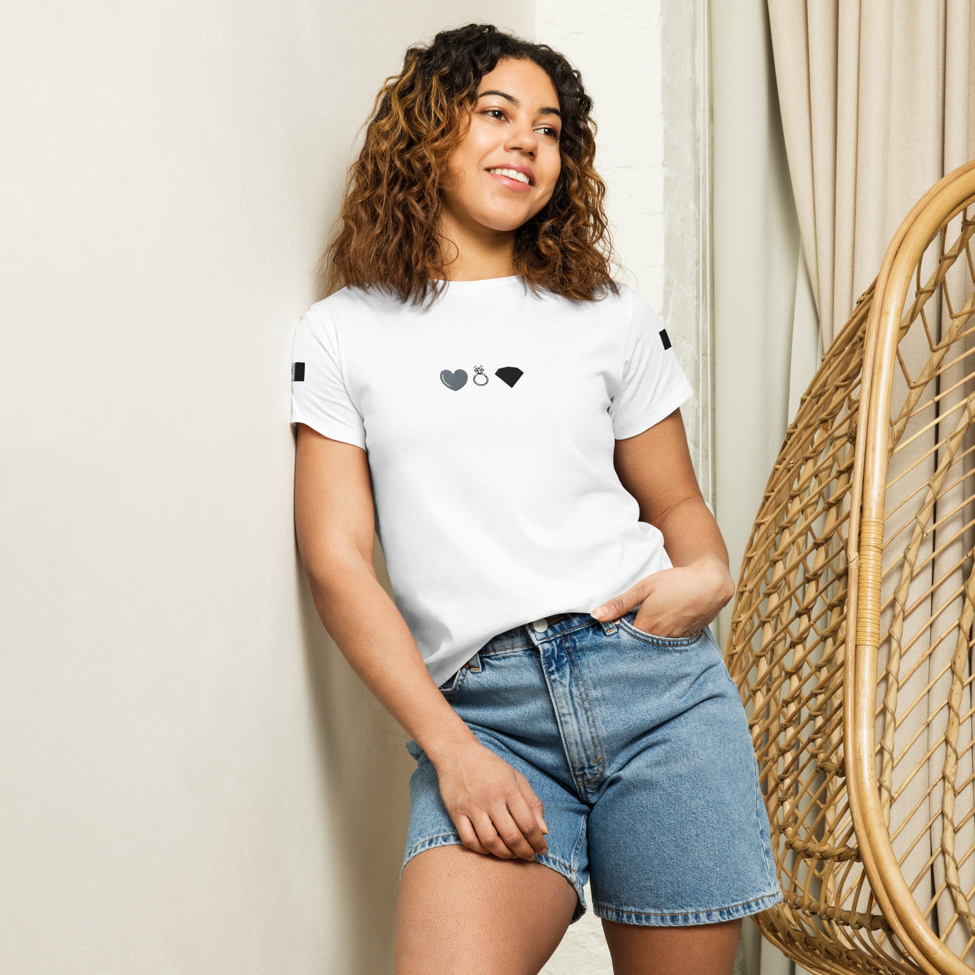 Women's white high-waisted tee from Daemon Luxury's Signature Relay (Elemental) collection, front view.