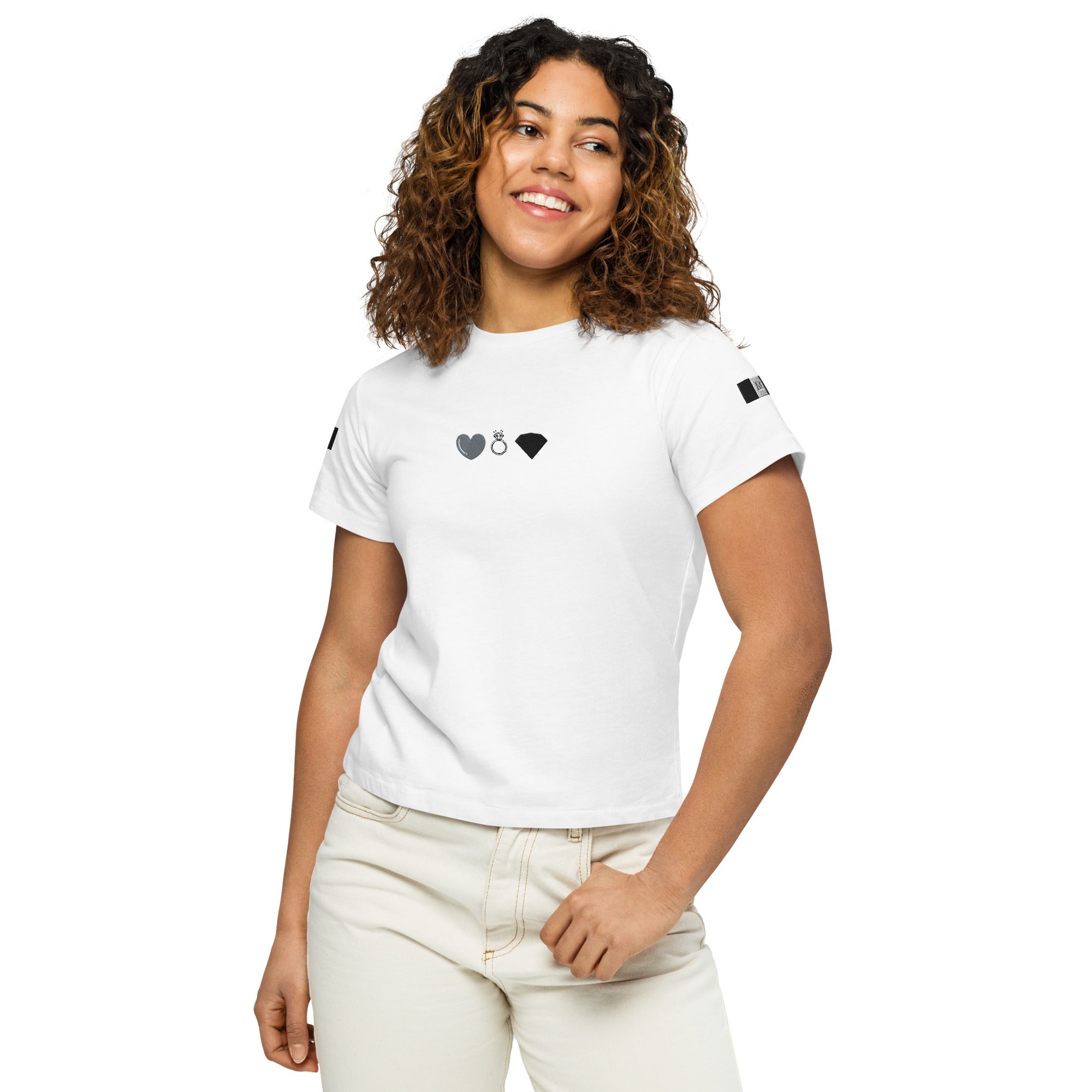 White women's high-waisted tee from Daemon Luxury's Signature Relay (Elemental) collection, front view showing fitted style.