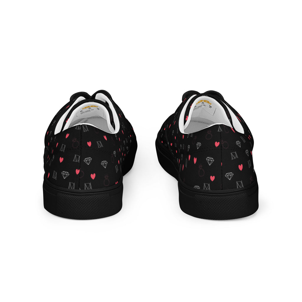 Black lace-up canvas shoes with speckled diamond pattern from Daemon Luxury's NEMESIS Female collection.