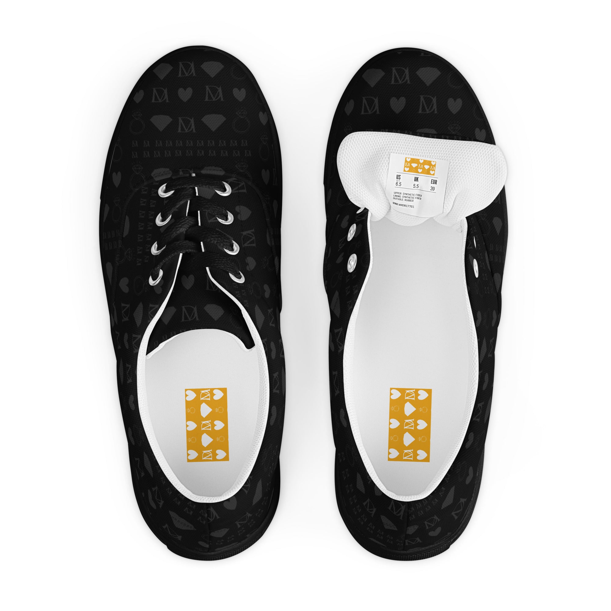 Black lace-up canvas shoes for women by Daemon Luxury featuring frosted diamond details and platinum accents.