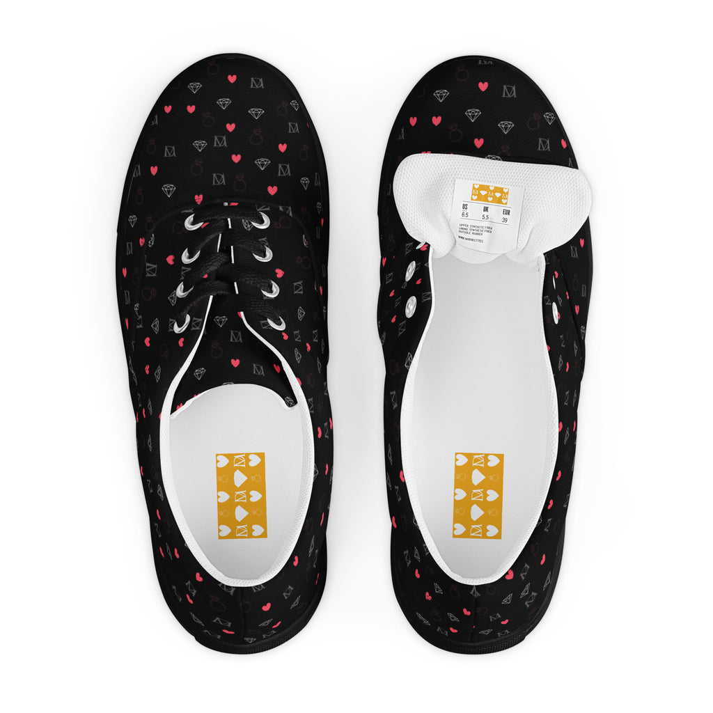 Black women's lace-up canvas shoes featuring speckled diamond design by Daemon Luxury.