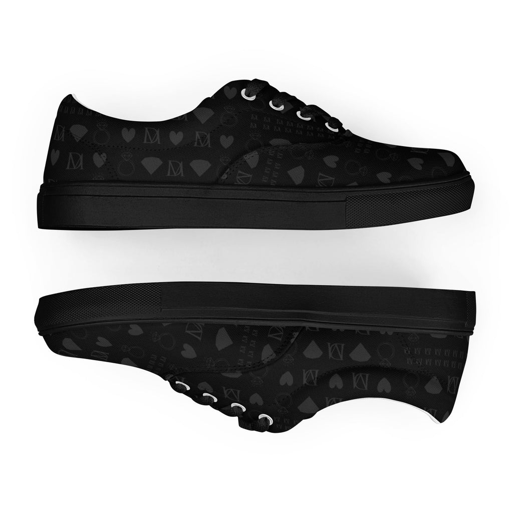 Black lace-up canvas shoes featuring frosted diamond accents from Daemon Luxury's Platinum Dim Female collection.