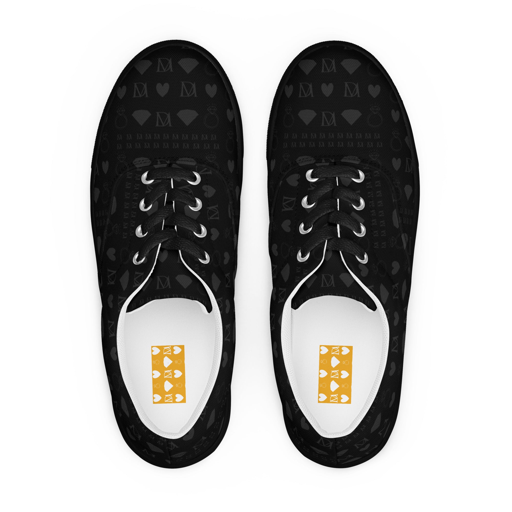 Black women's lace-up canvas shoes featuring frosted diamond details by Daemon Luxury, showcasing the front view.