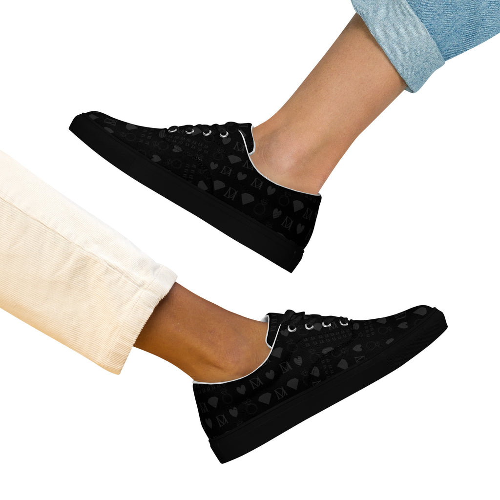Black women's lace-up canvas shoes by Daemon Luxury featuring frosted diamond accents and platinum detailing.