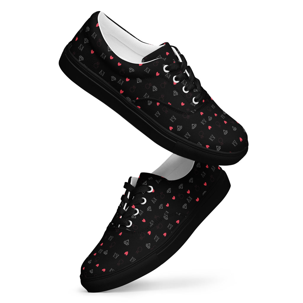 Black women's lace-up canvas shoes featuring speckled diamond pattern from Daemon Luxury's NEMESIS Female collection.