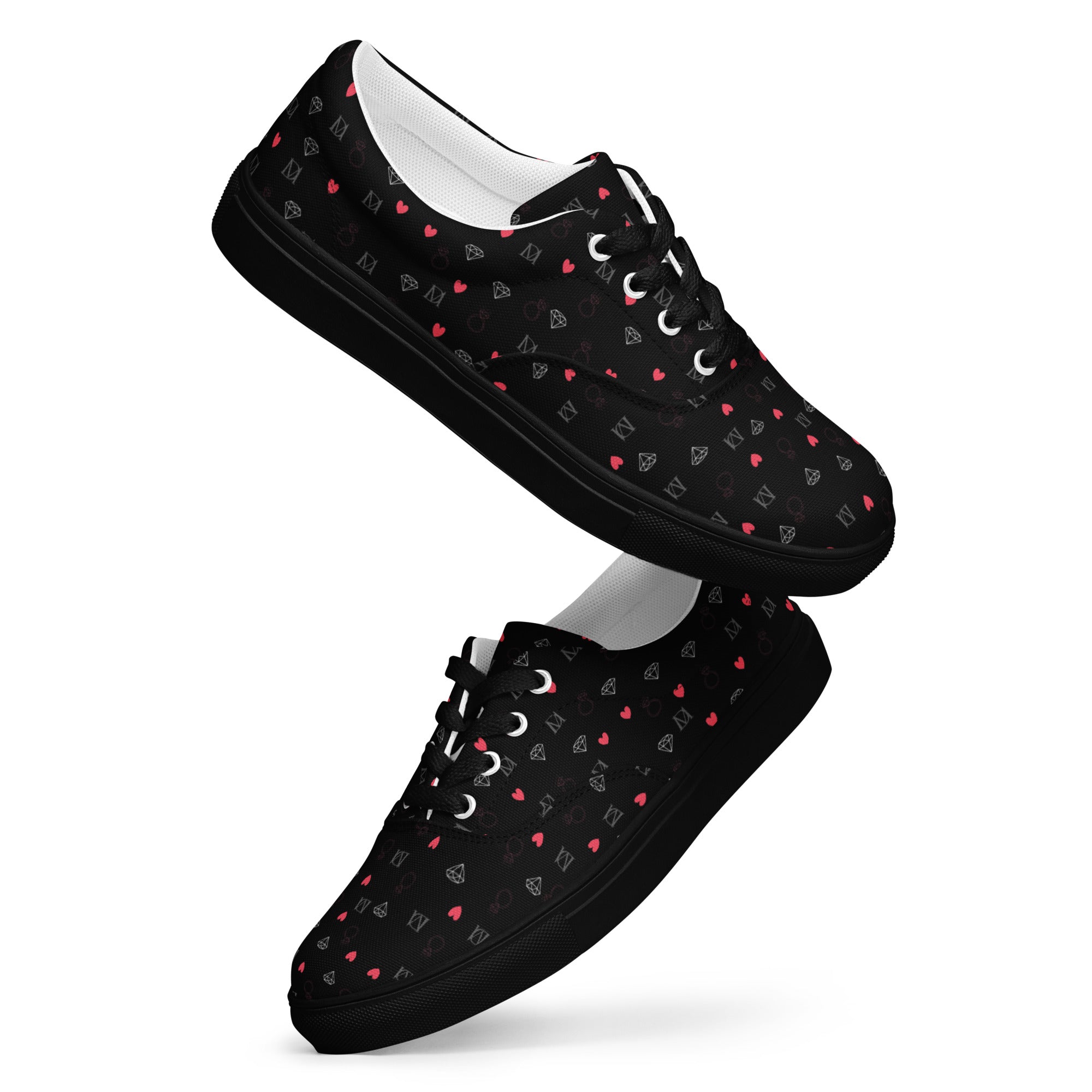 Black women's lace-up canvas shoes featuring speckled diamond pattern from Daemon Luxury's NEMESIS Female collection.