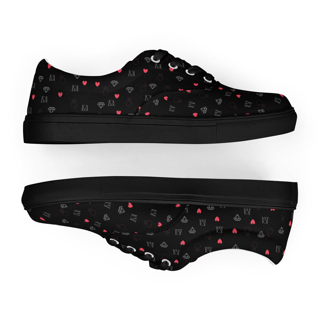 Black women's lace-up canvas shoes with speckled diamond pattern from Daemon Luxury's NEMESIS Female collection.