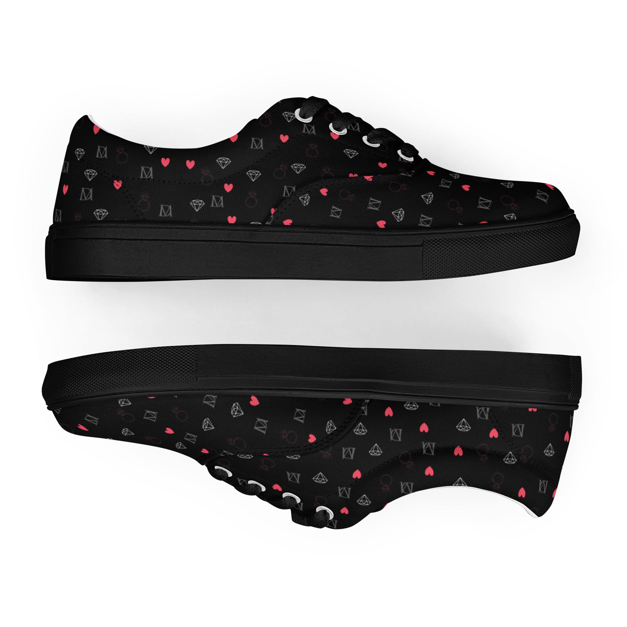Black women's lace-up canvas shoes with speckled diamond pattern from Daemon Luxury's NEMESIS Female collection.