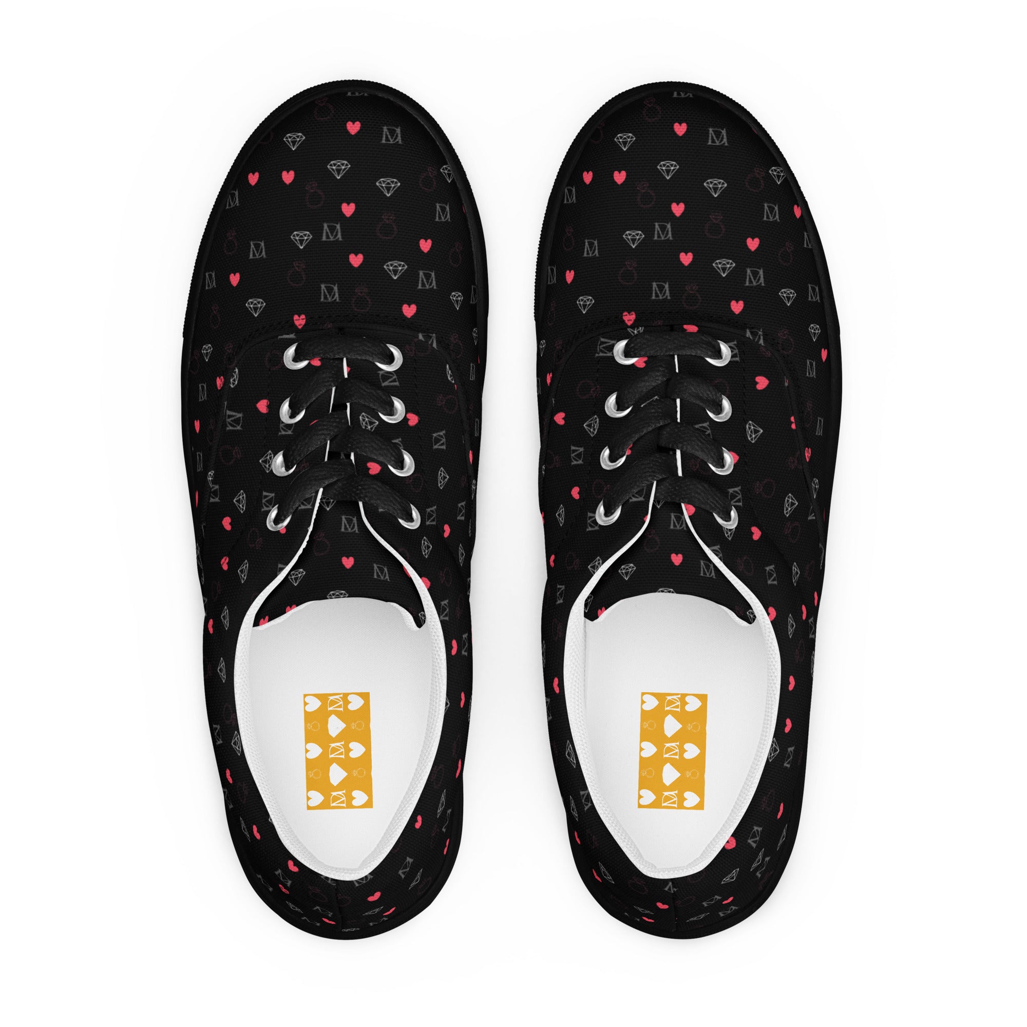 Black lace-up canvas shoes for women featuring speckled diamond design by Daemon Luxury.
