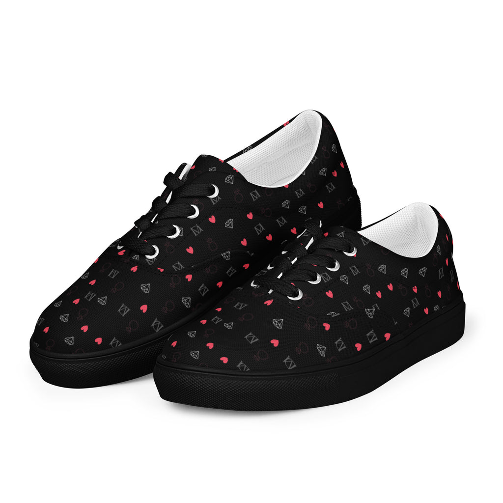 Black women's lace-up canvas shoes with speckled diamond pattern by Daemon Luxury, front view showing the design details.