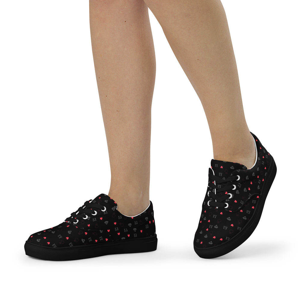 Black Daemon Luxury Speckled Diamonds NEMESIS Female lace-up canvas shoes, front view showing detailed speckled pattern.