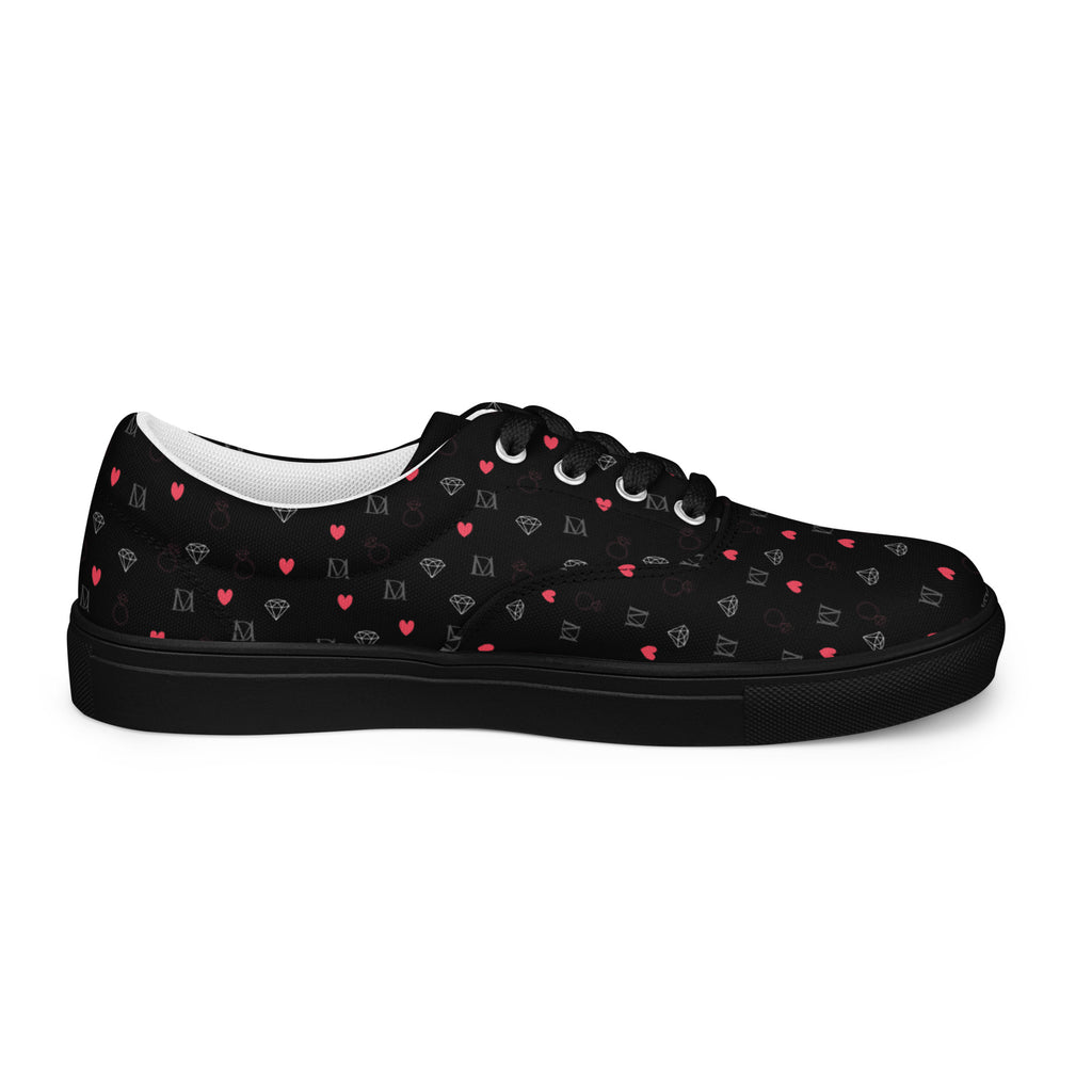 Daemon Luxury Speckled Diamonds NEMESIS female lace-up canvas shoes in black, showing the left inside view.