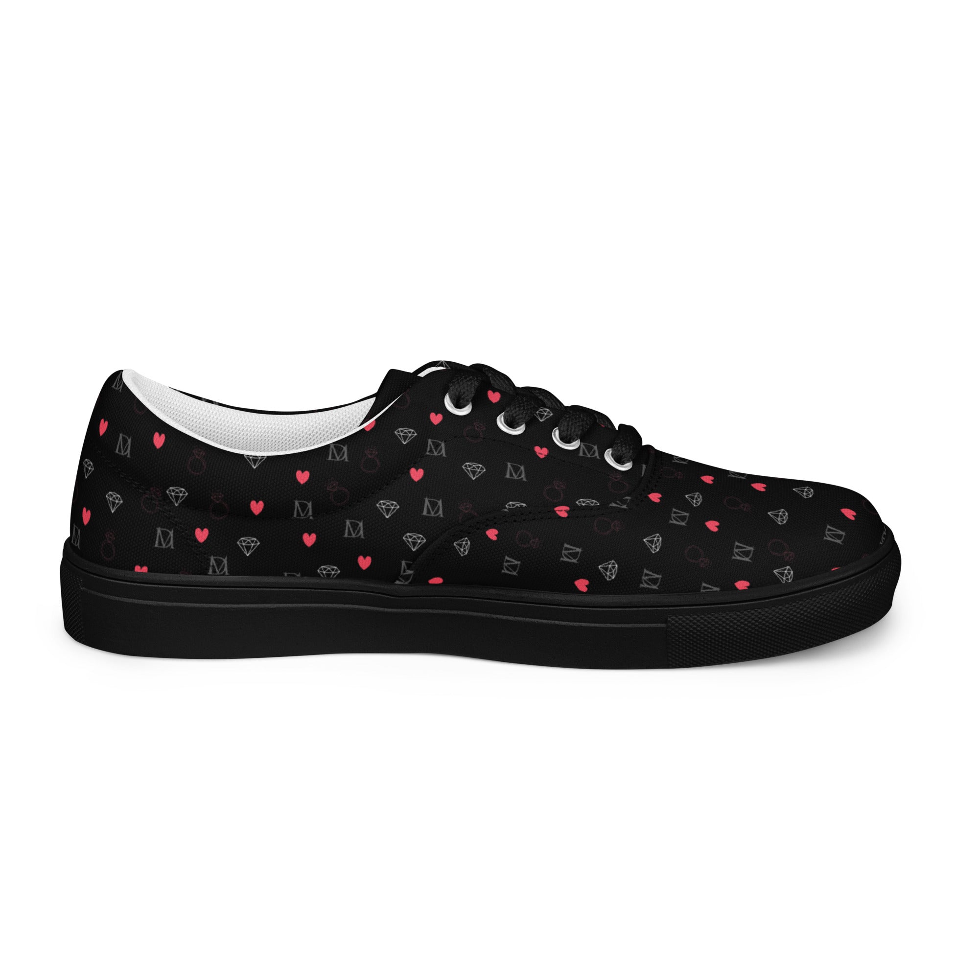 Daemon Luxury Speckled Diamonds NEMESIS female lace-up canvas shoes in black, showing the left inside view.