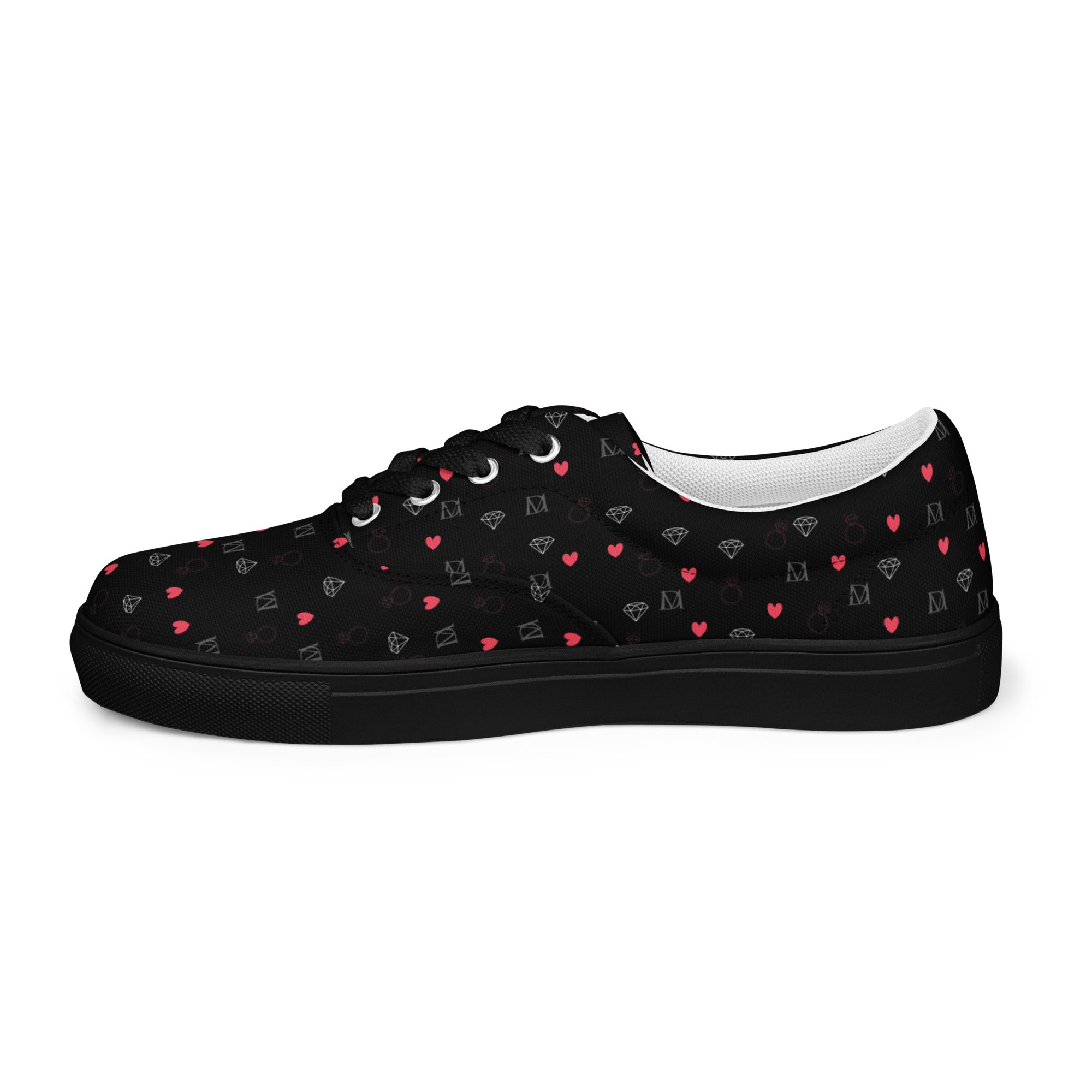 Black Daemon Luxury Speckled Diamonds NEMESIS Female lace-up canvas shoes, left outside view with detailed design.
