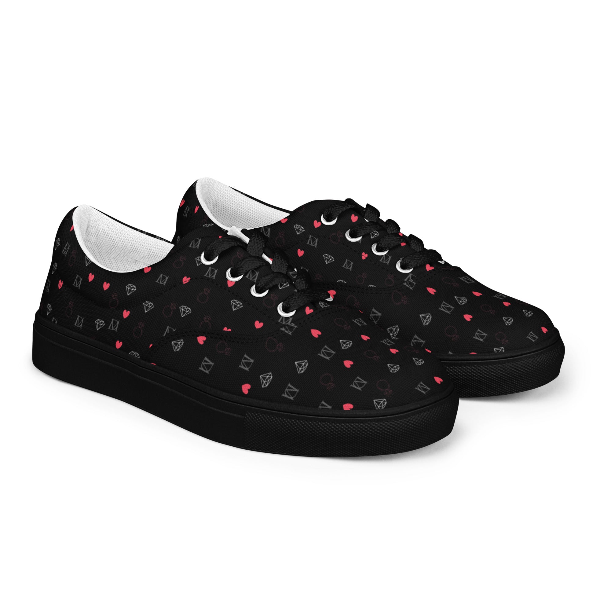 Black women's lace-up canvas shoes from Daemon Luxury featuring speckled diamond accents, shown from the front right side.