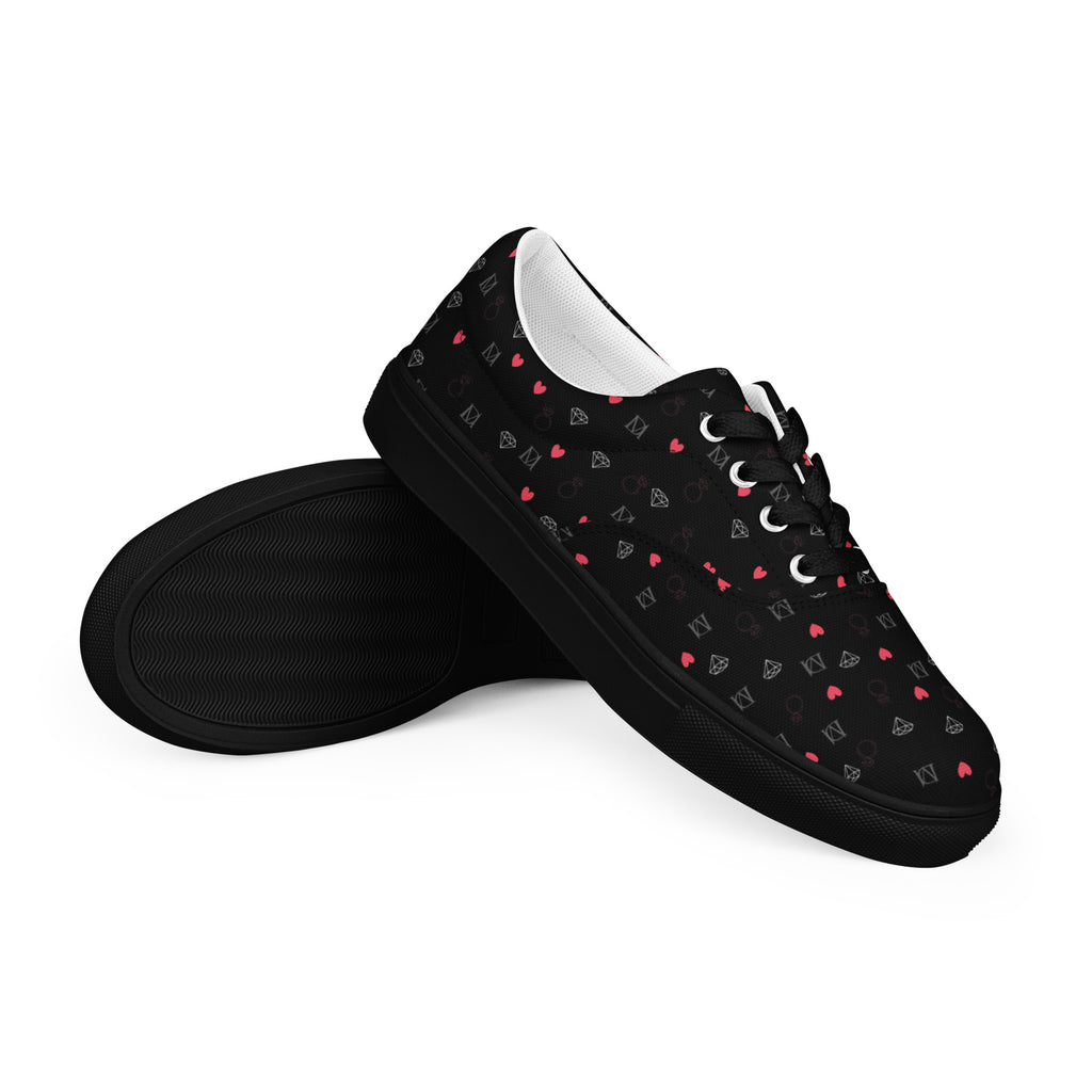 Black women's lace-up canvas shoes featuring speckled diamond pattern from Daemon Luxury's NEMESIS Female collection.