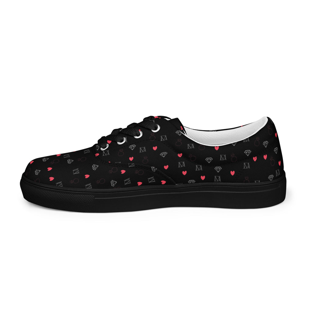 Black women's lace-up canvas shoes with speckled diamond pattern by Daemon Luxury, showing the right inside view.