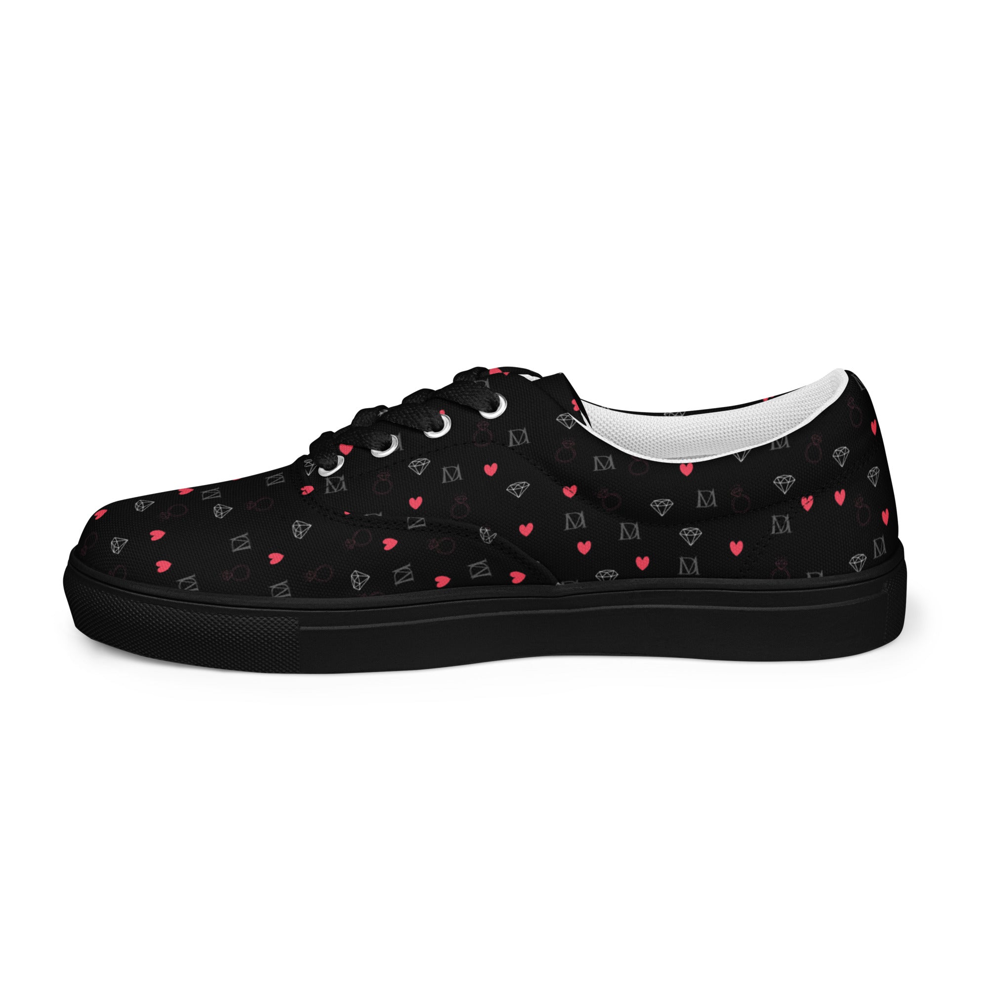Black women's lace-up canvas shoes with speckled diamond pattern by Daemon Luxury, showing the right inside view.