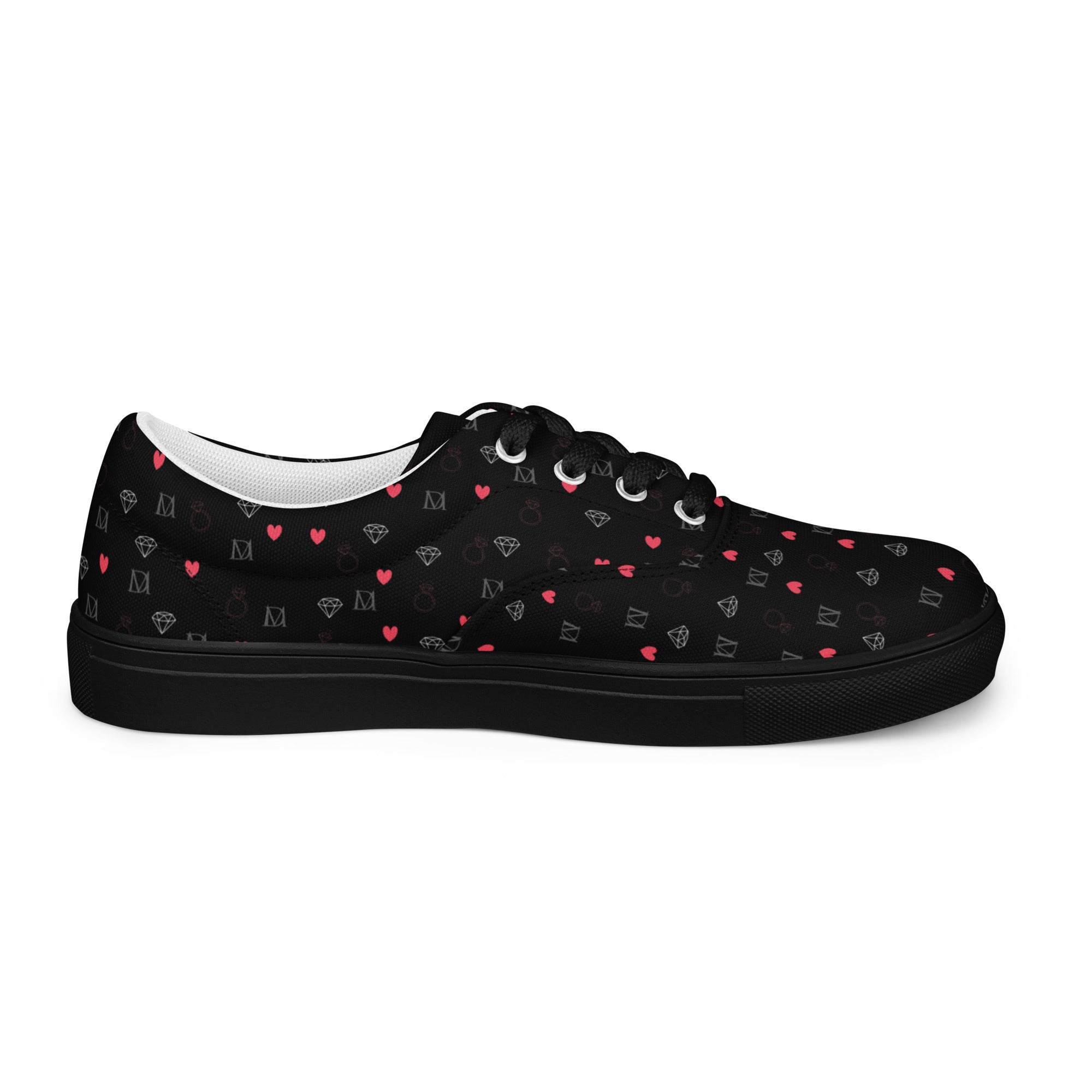 Daemon Luxury Speckled Diamonds NEMESIS female lace-up canvas shoes, black exterior, right side view.