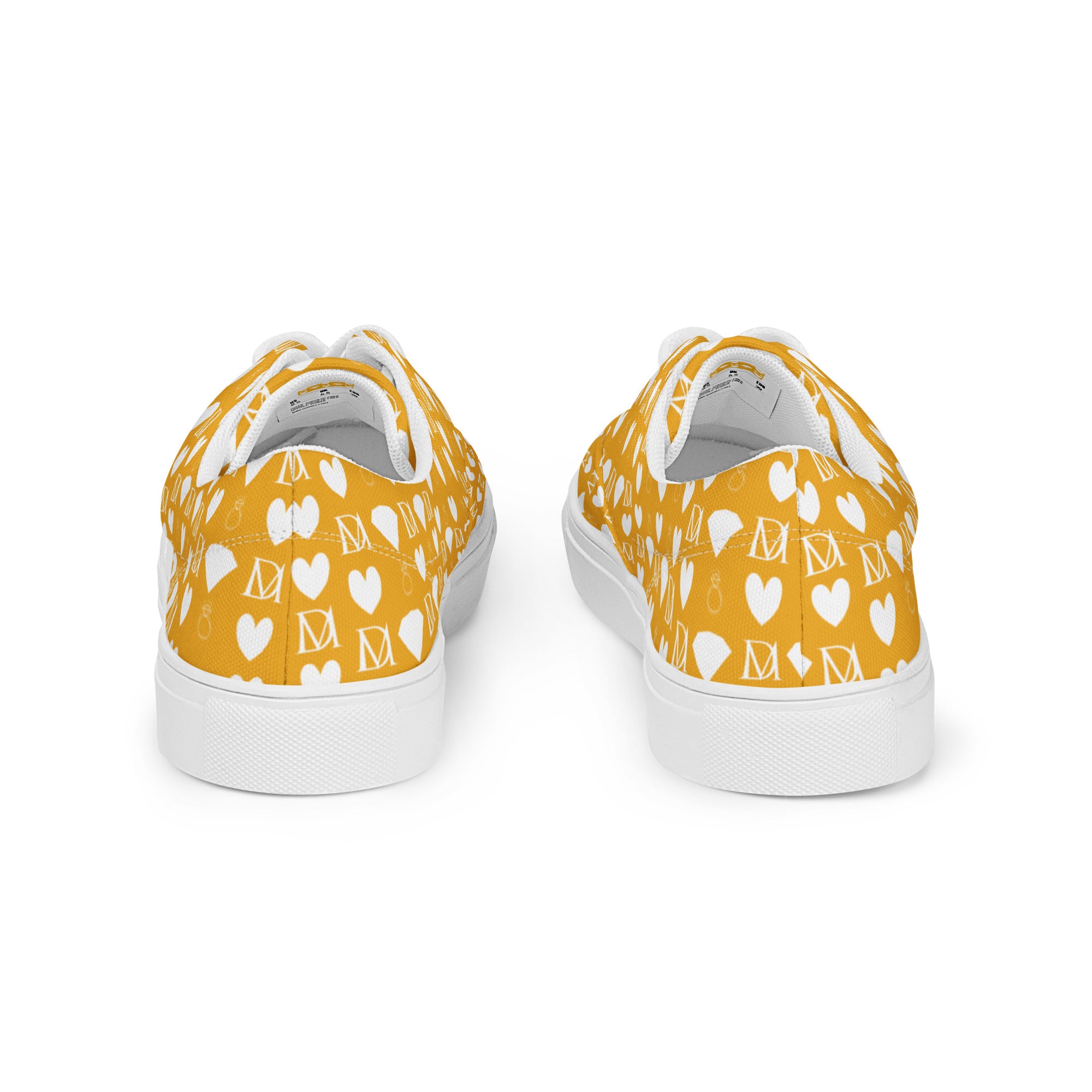 White lace-up canvas shoes for women with frosted diamond accents by Daemon Luxury, shown from the back view.