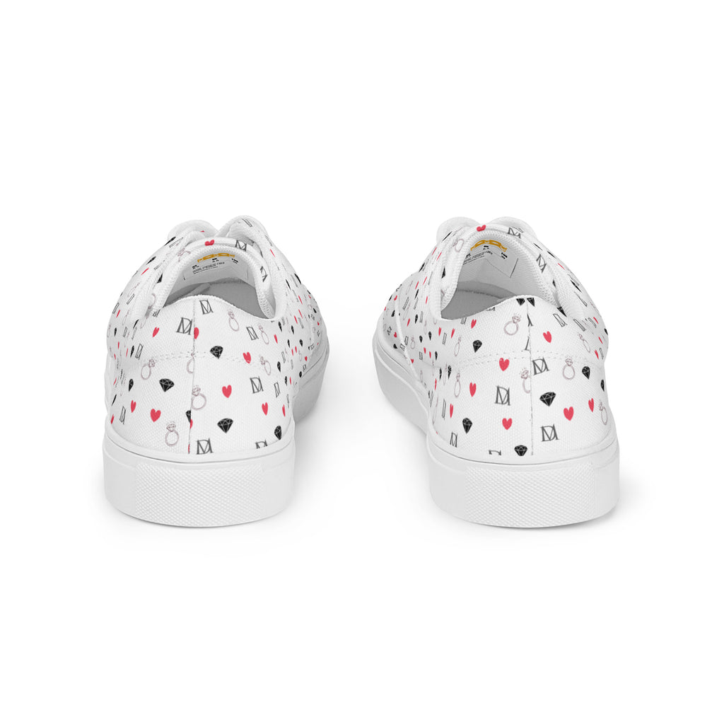 White lace-up canvas shoes featuring speckled diamond patterns from Daemon Luxury's Artica Blizzard Female collection.