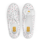 White lace-up canvas shoes featuring speckled diamond patterns by Daemon Luxury, designed for women.