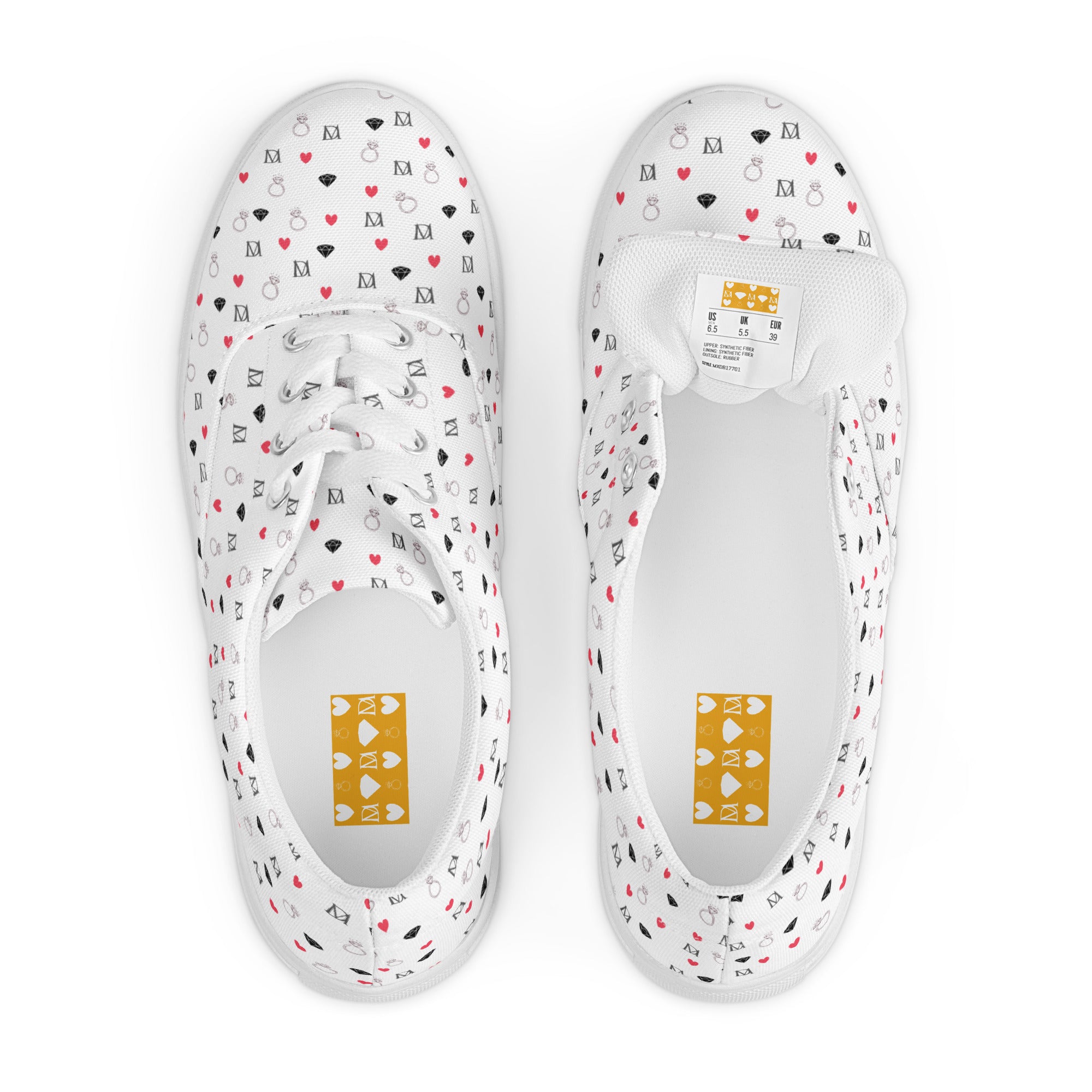 White lace-up canvas shoes featuring speckled diamond patterns by Daemon Luxury, designed for women.