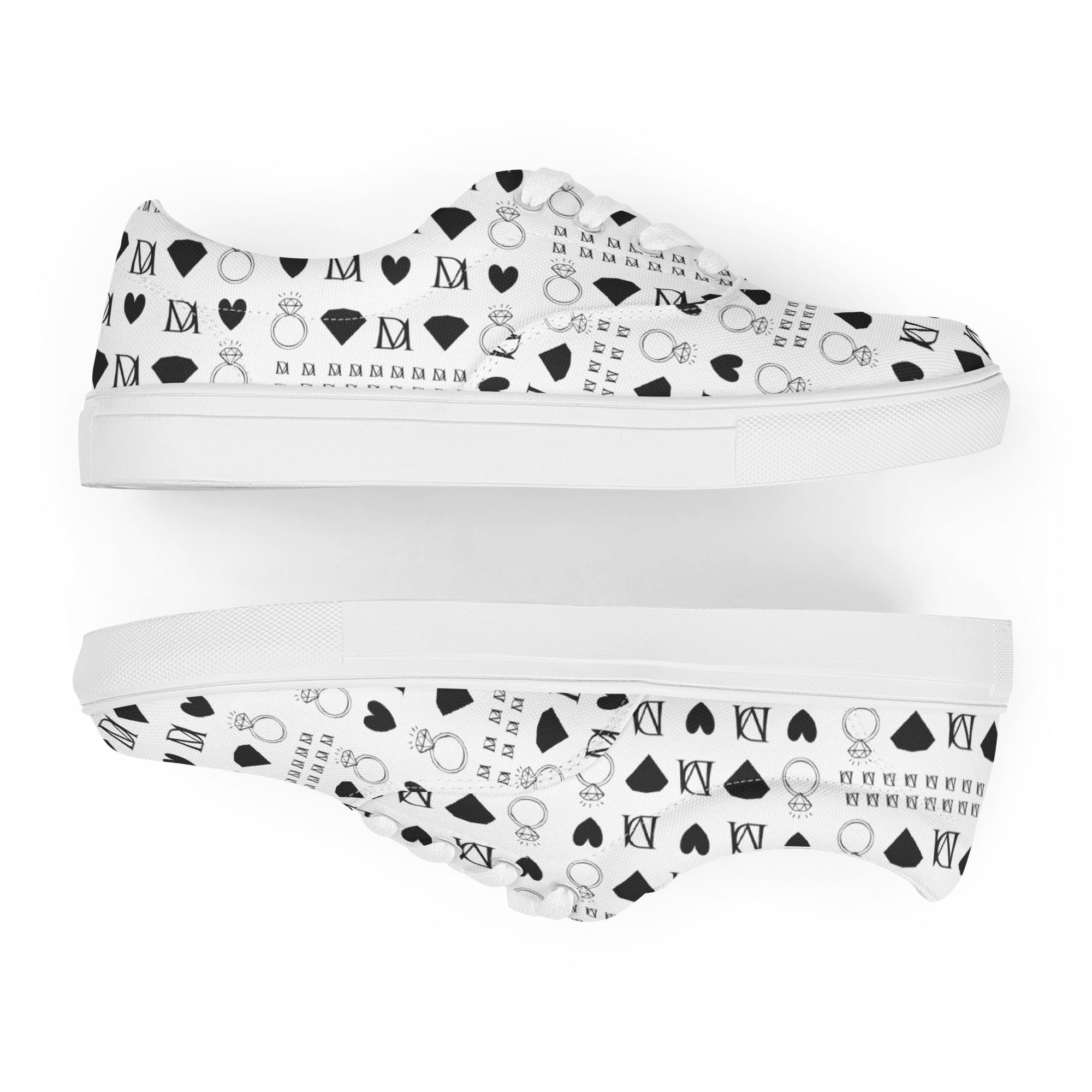 White lace-up canvas shoes from Daemon Luxury's Dim Diamonds Artica Blizzard Female collection, showcasing front view.