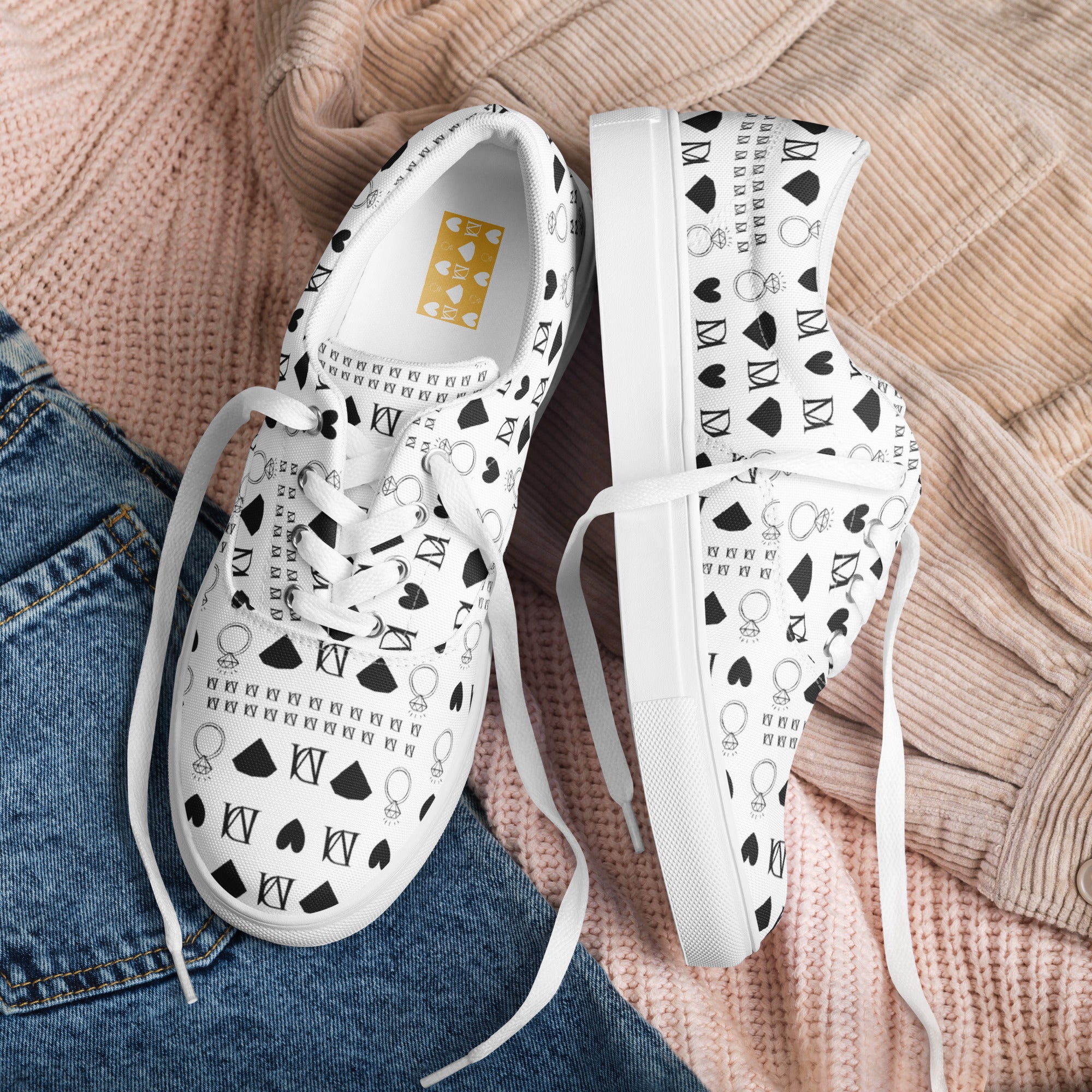 White lace-up canvas shoes for women from Daemon Luxury's Dim Diamonds Artica Blizzard collection.