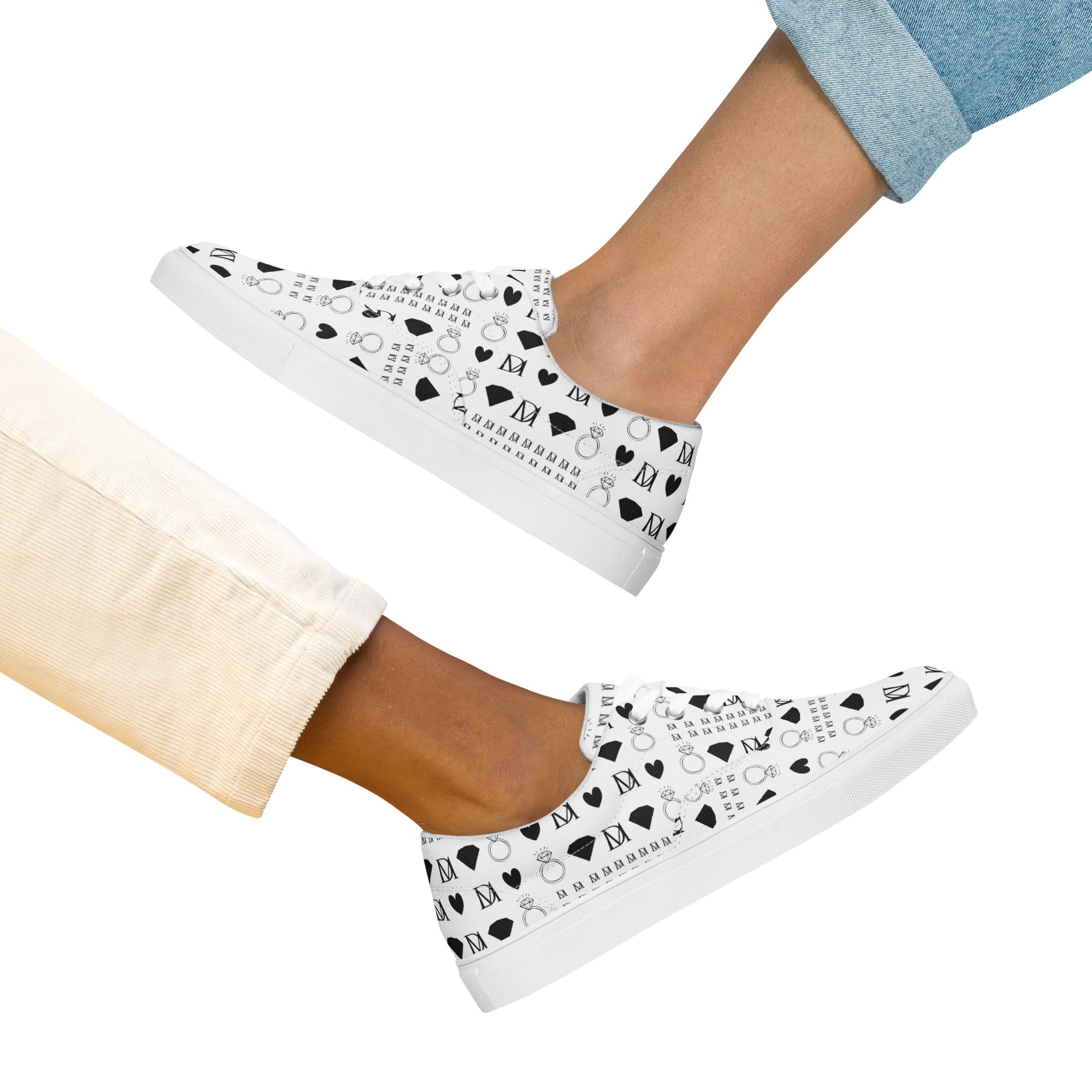 White lace-up canvas shoes for women from Daemon Luxury's Dim Diamonds Artica Blizzard collection, front view.