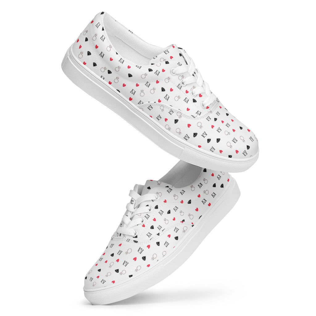 White lace-up canvas shoes featuring speckled diamond Artica Blizzard design by Daemon Luxury for women.