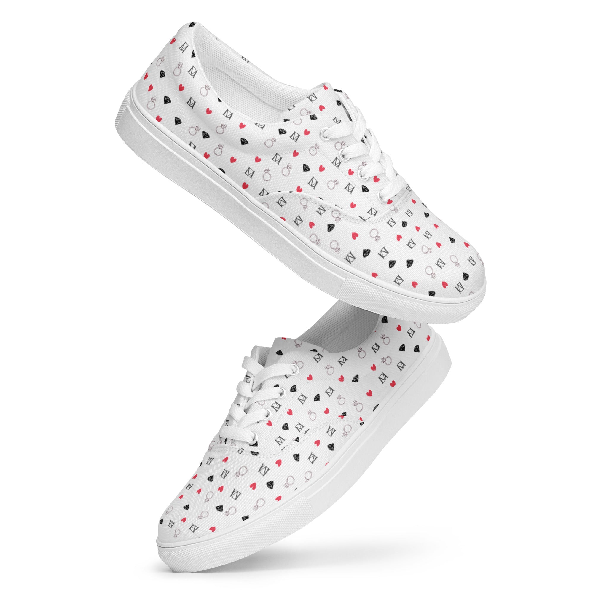 White lace-up canvas shoes featuring speckled diamond Artica Blizzard design by Daemon Luxury for women.