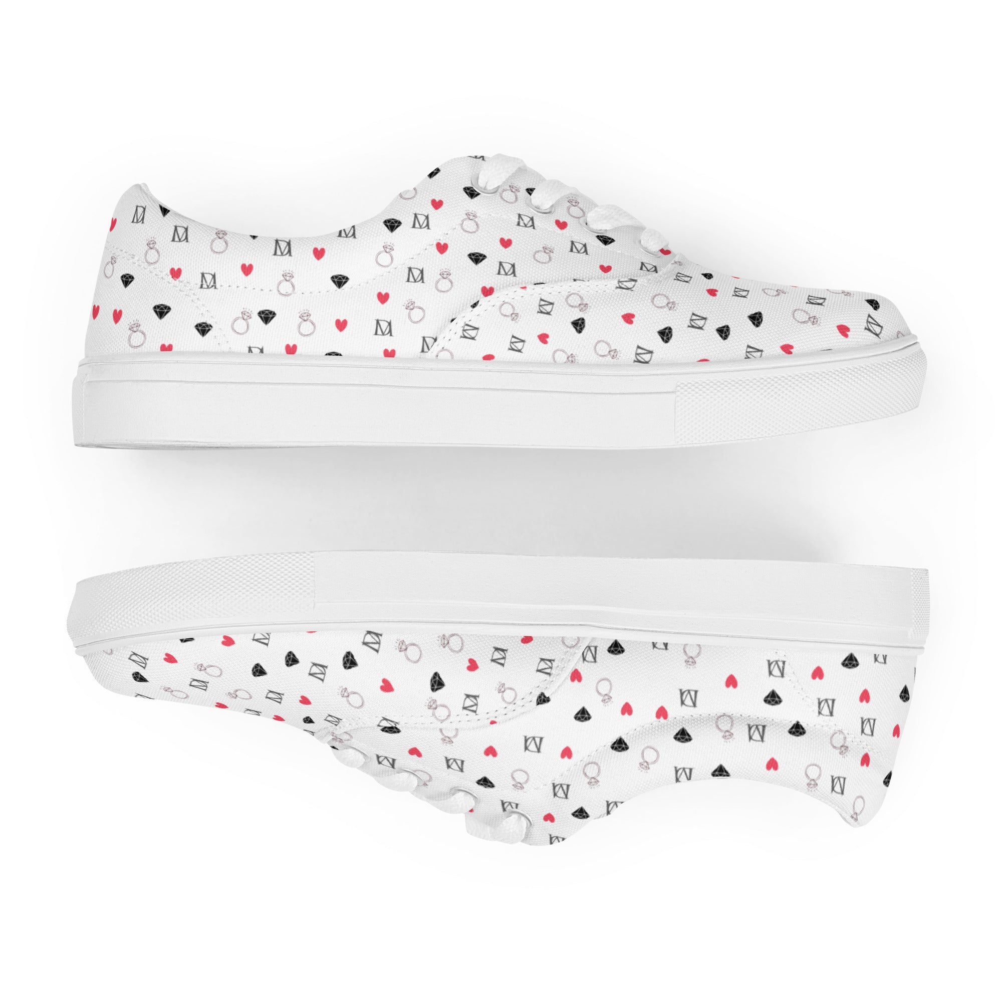 White lace-up canvas shoes with speckled diamond pattern from Daemon Luxury Artica Blizzard Female collection.