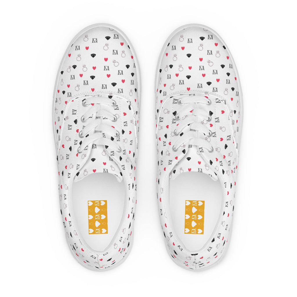 White lace-up canvas shoes for women featuring speckled diamond details from Daemon Luxury's Artica Blizzard collection.