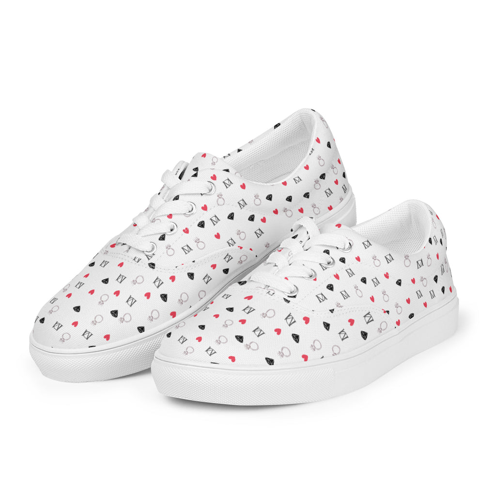 White lace-up canvas shoes for women featuring speckled diamond designs from Daemon Luxury's Artica Blizzard Female collection.