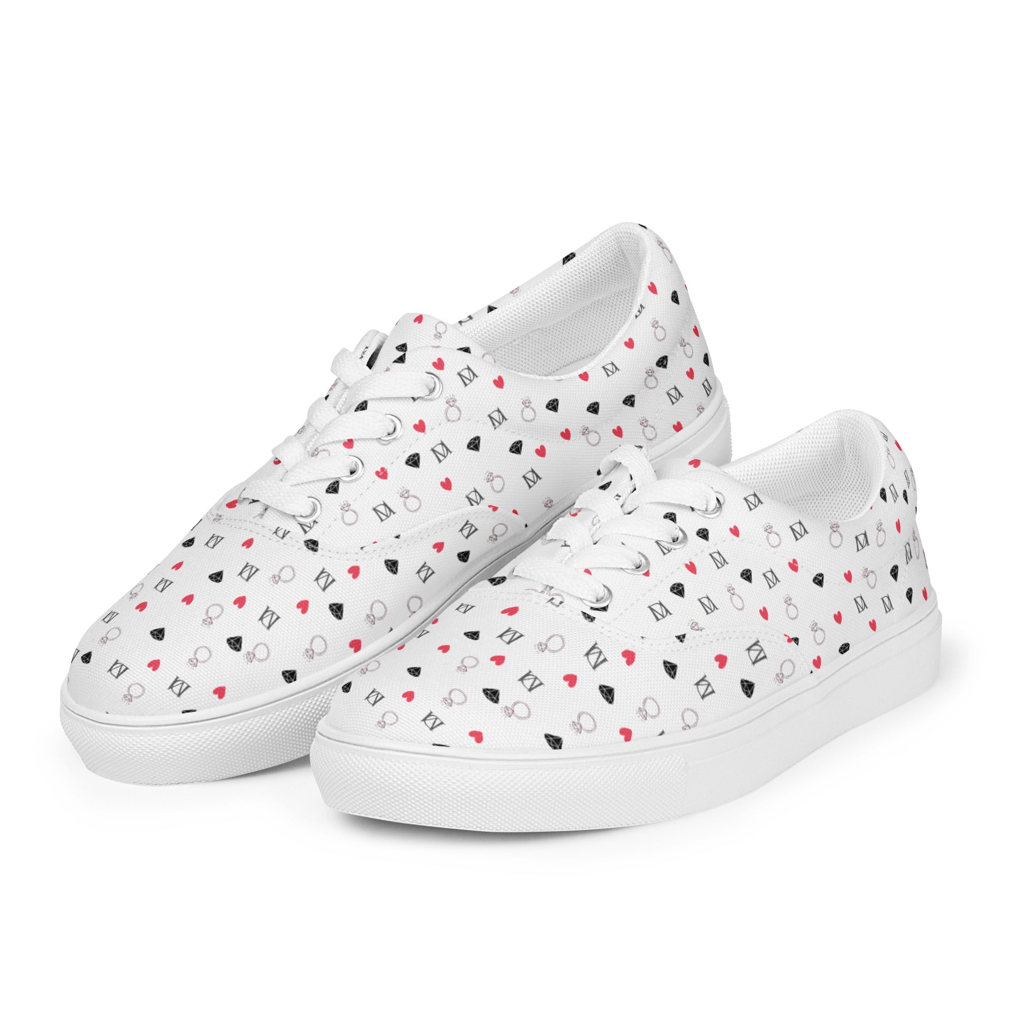 White lace-up canvas shoes for women featuring speckled diamond designs from Daemon Luxury's Artica Blizzard Female collection.